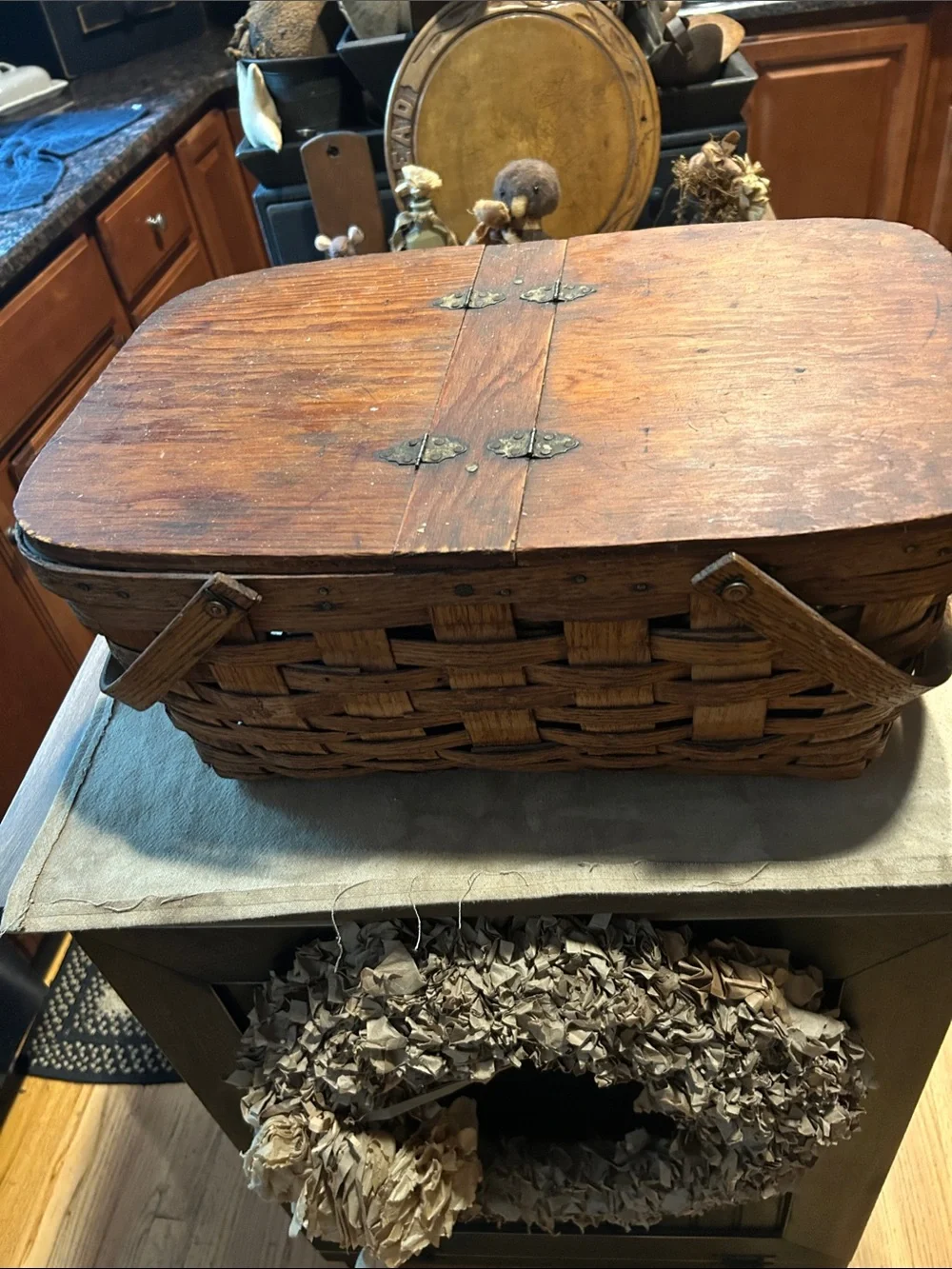 Woven Wood Picnic Basket with Hinged Wooden Lid - Brown